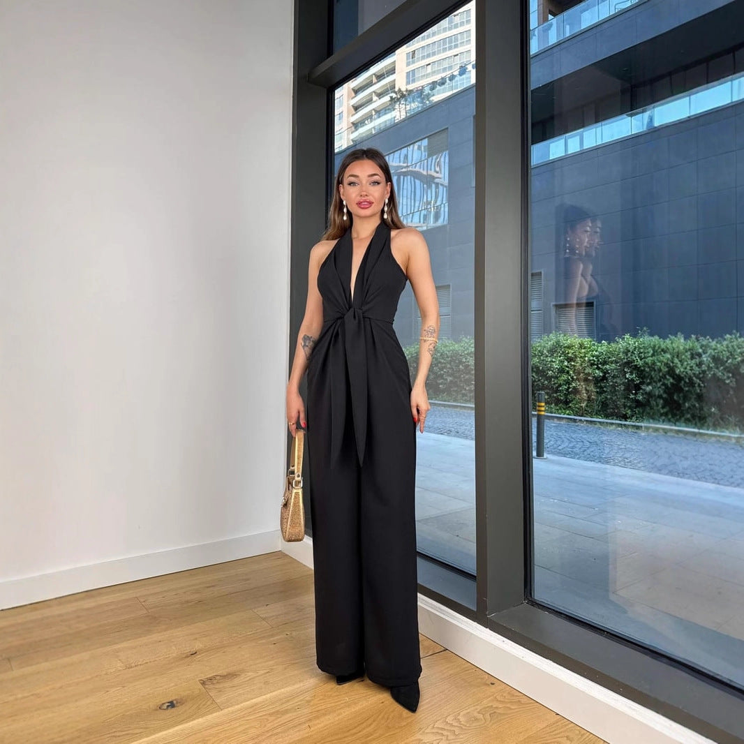 Neck-strap Lace-up Sleeveless Waist-cinching Top Sexy Jumpsuit