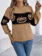 Women Pumpkin Head Color Block Long Sleeve Pullover Sweater