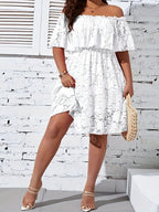 Women's Bohemian Off-Shoulder Lace Dress - Summer Vacation Beach Dress with Ruffled Short Sleeves & High-Low Hem