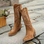 Autumn And Winter New Large Retro Embroidered V-neck Thick Heel Middle Tube Martin Boots