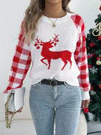 Women Casual Plaid Deer Long Sleeve Pullover Sweater Christmas Edition