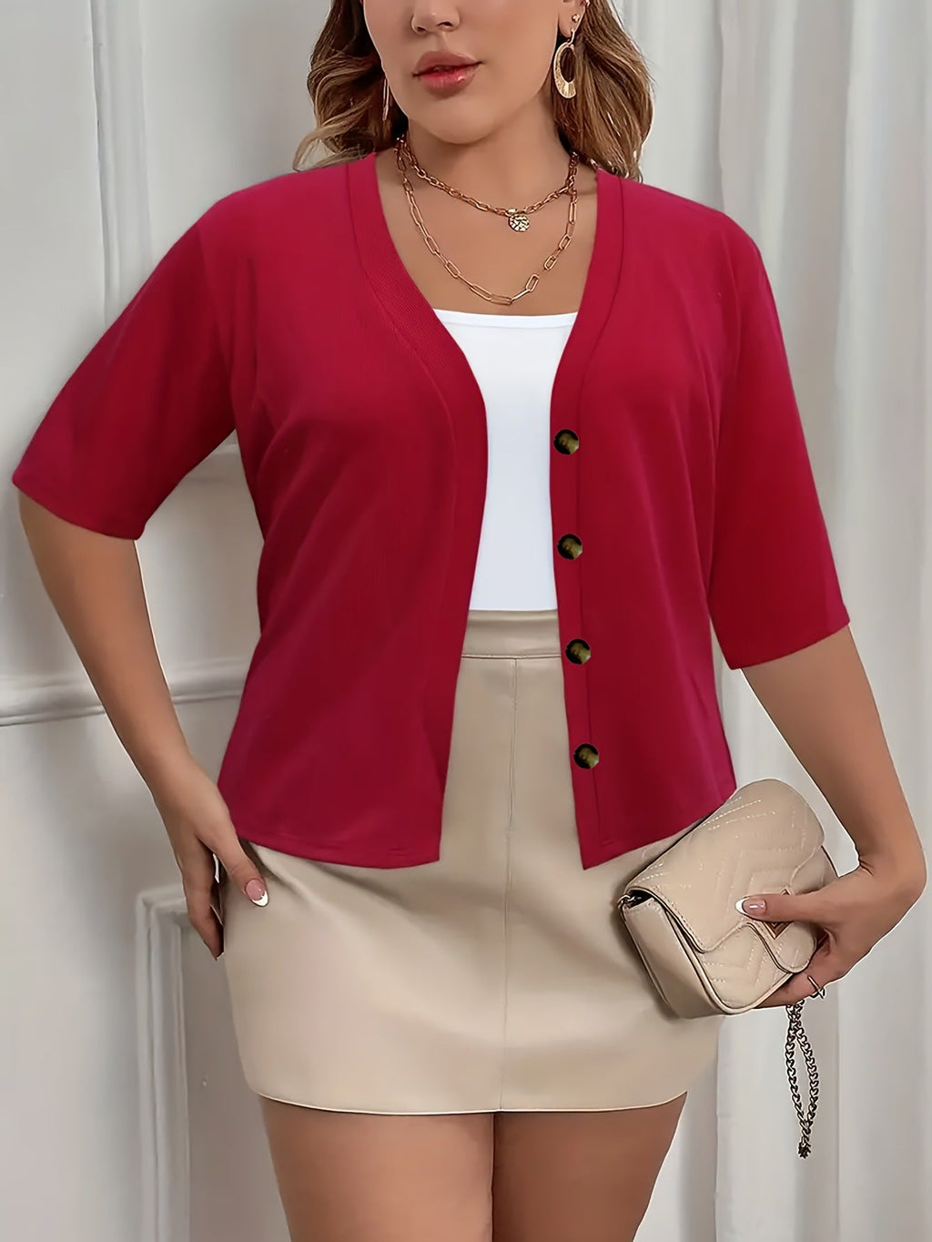 Elegant Half-Sleeve Slightly Stretchy Cardigan With Four Buttons