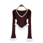 Contrast-color Ruffled Striped Knit Sweater