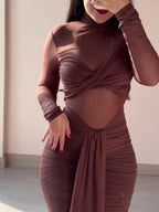Brown Mesh Long Sleeve Pleated Dress