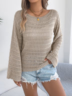 Women Off-Shoulder Hollow Out Long Sleeve Knit Cardigan Sweater