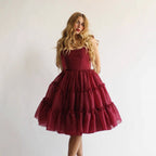 Square-neck Solid-color Wooden High-waist Flared Sleeveless Dress
