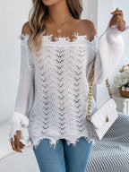 Women Solid Color Hollow Out Long Sleeve Distressed Off-Shoulder Pullover Sweater