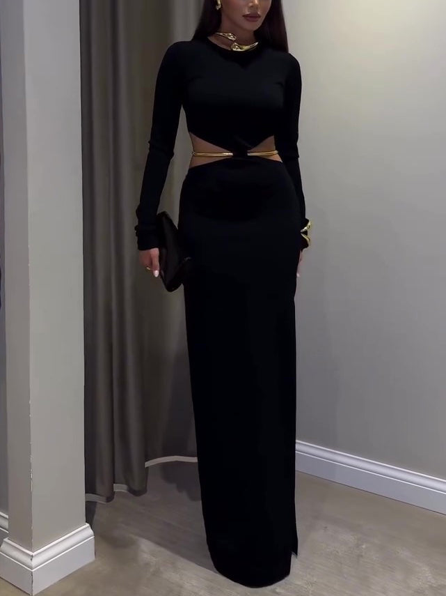 Black Cutout Waist Long-Sleeve Maxi Dress-Includes Waist Chain