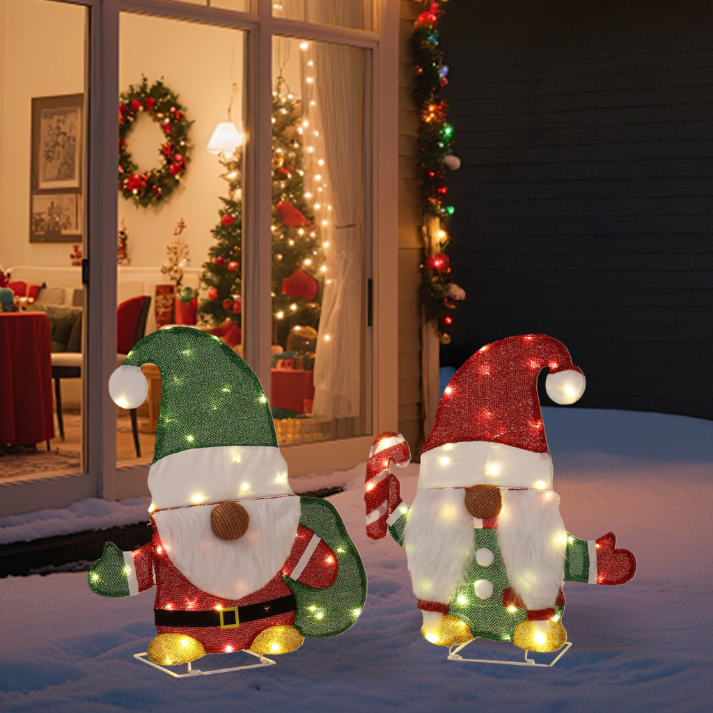 Set of 2 Lighted Gnome and Candy Cane Christmas Decorations, Pre-lit 2D Holiday Decor with 80 Warm White LED Lights for Xmas Outdoor Indoor Decor Lighted Holiday Displays