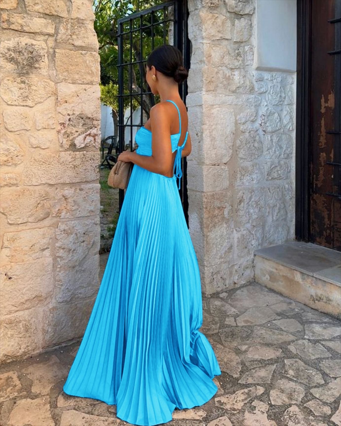 Ins Pleated Sleeveless Sling Dress Hollow High Waist Halter Robe Dresses For Evening Party Club Clothing Women