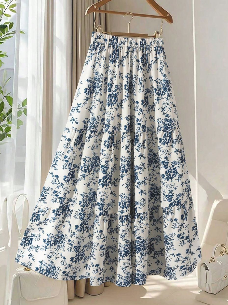 Women's Casual High-Waisted Printed Flared Skirt