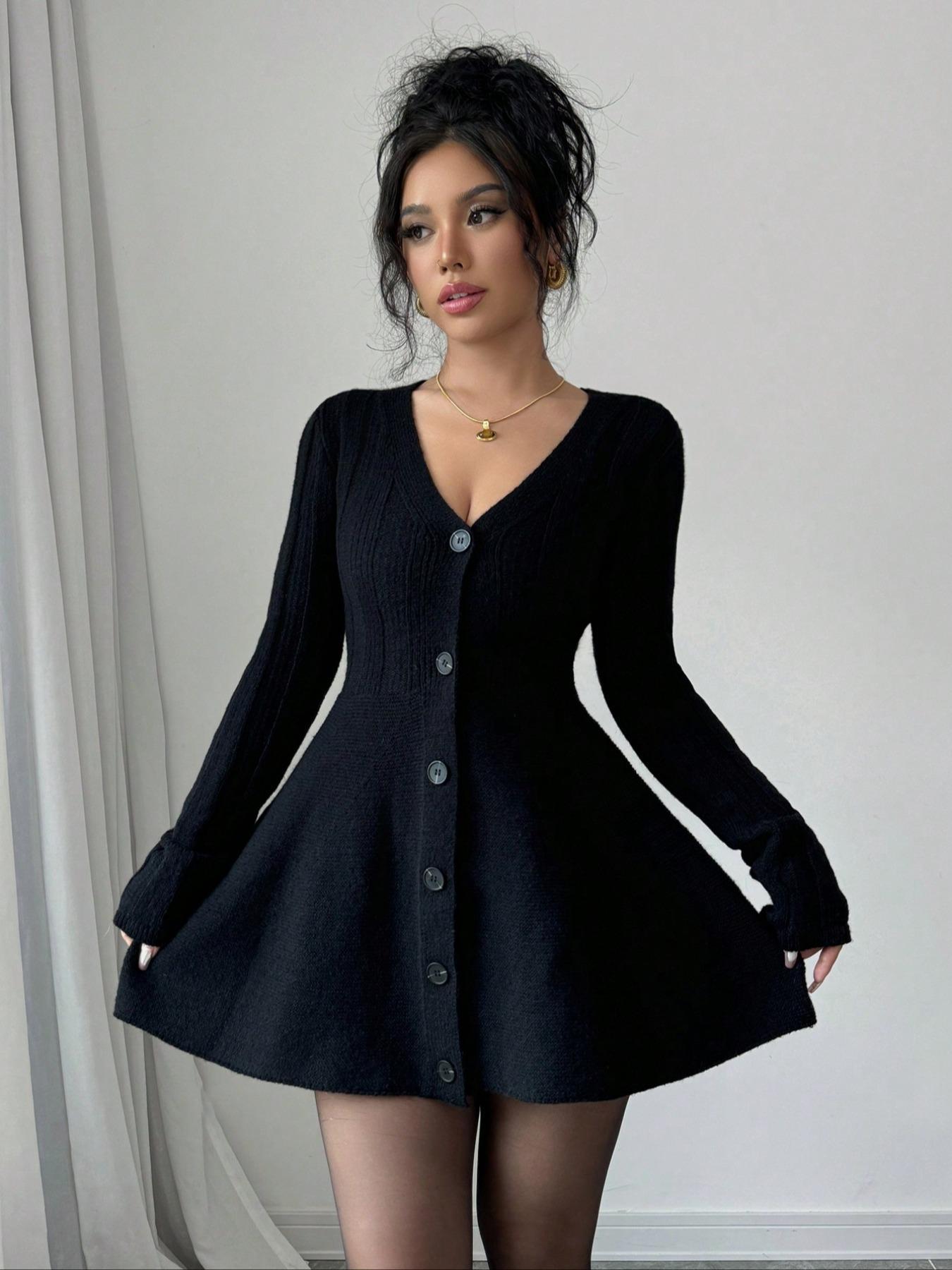 Women's Solid-Color V-Neck Knitted Dress