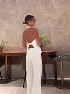 White Backless Halterneck Vest & High-waisted Pants Suit
