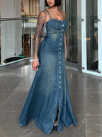 Denim Single-breasted Suspender Dress