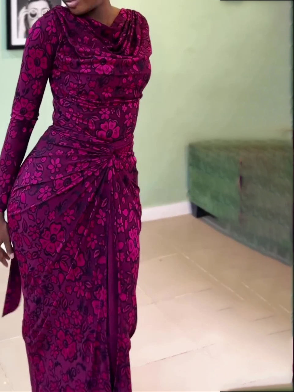 Fuchsia Floral Print Cowl Neck Waist-Cinched Asymmetrical Maxi Dress