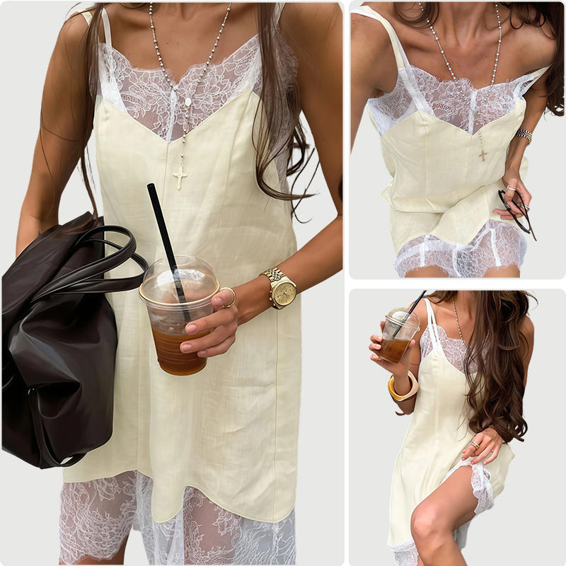 Lace-trimmed Solid-color Strapless Sleeveless Spicy-girl Style Slip Dress