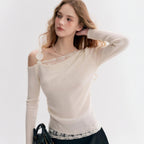 Women's Fashionable Lace-trimmed Off-the-shoulder Long-sleeve Top
