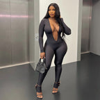 New Women's Fashion Sexy Backless Deep V Long Sleeve Solid Color Tight Jumpsuit