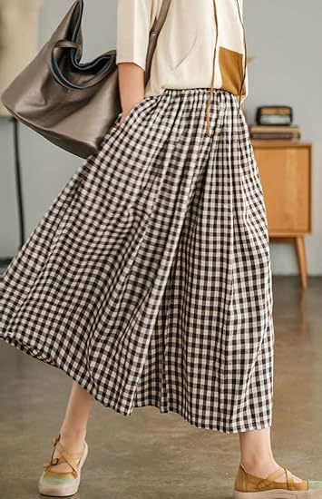 High-waisted Cotton-linen Plaid Wide-leg Pantskirt Loose-fitting Casual Trousers Elegant Style