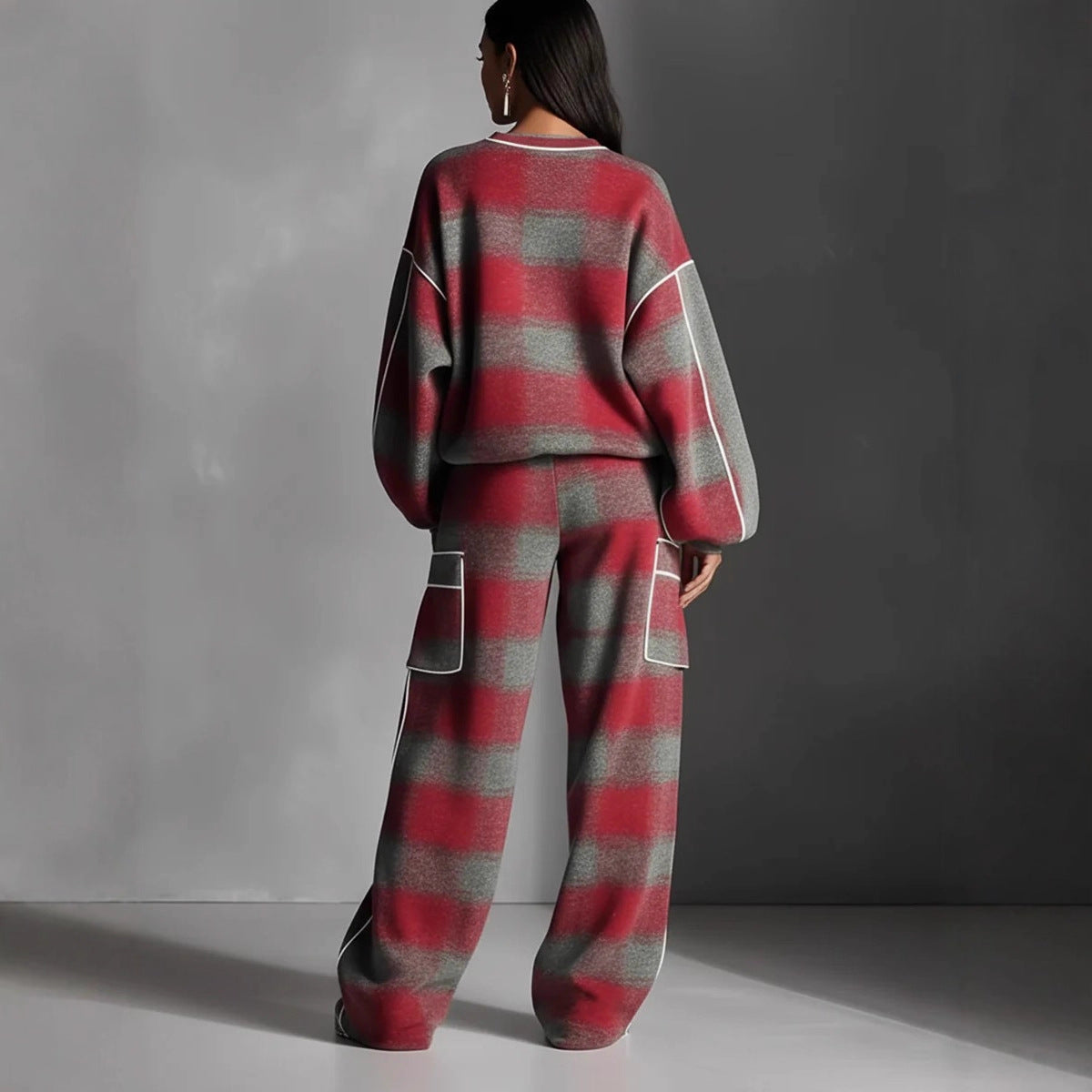 Women's Independent Brand Street Style Distressed Plaid Pantsuit With Contrasting Piping