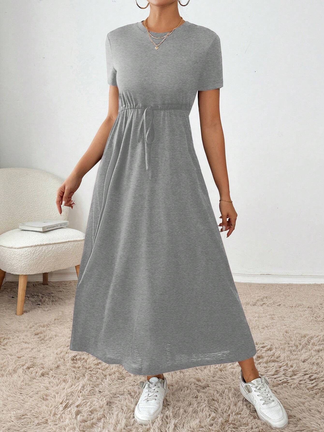 Women's Solid-Colored Short-Sleeve Drawstring Dress With Side Pockets