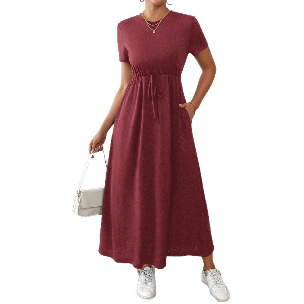Women's Solid-Colored Short-Sleeve Drawstring Dress With Side Pockets