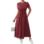 Women's Solid-Colored Short-Sleeve Drawstring Dress With Side Pockets