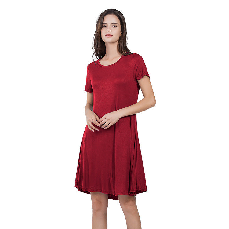 New Women's Round-neck Solid-color Casual Short-sleeve Swing Dress With Pockets