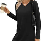 Women's Solid-Color Casual V-Neck Long-Sleeve Knitted Dress