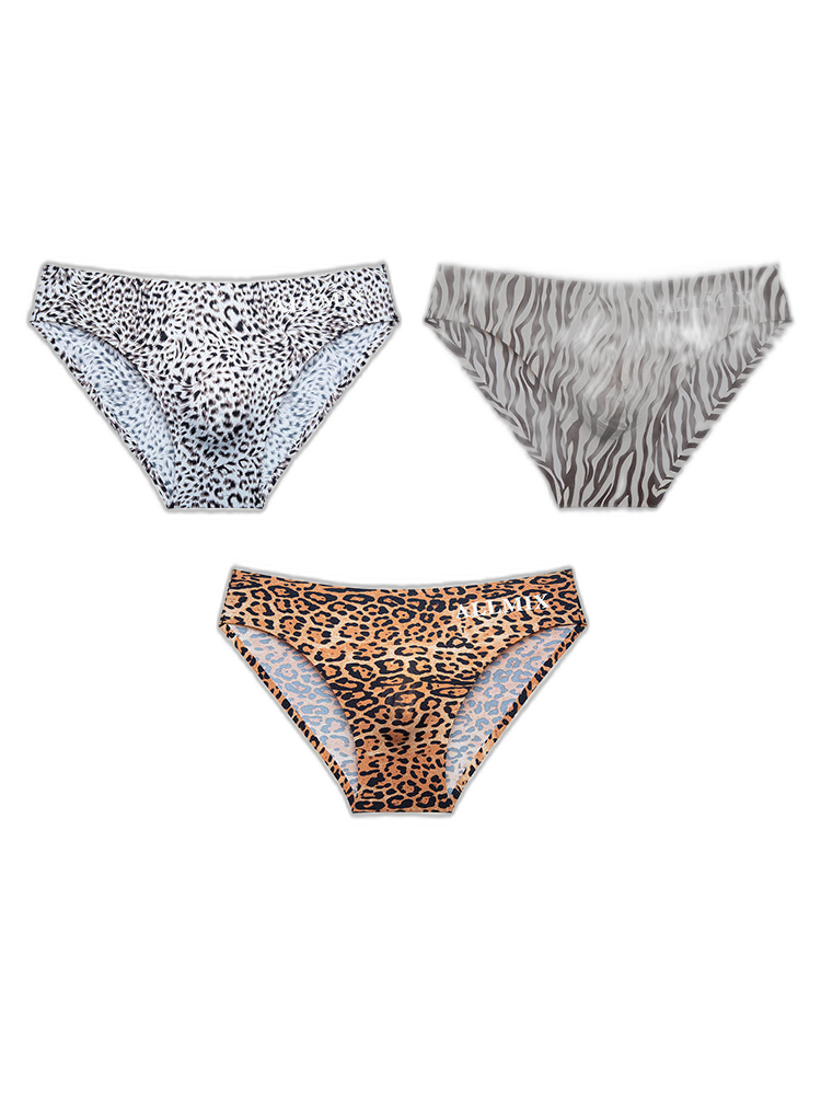 3 Pack ALLMIX Men's 3D Pouch Sexy Leopard Print Ice Silk Briefs