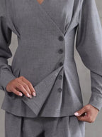Light Gray V-Neck Asymmetrical Button Top & Wide-Leg Pants Set