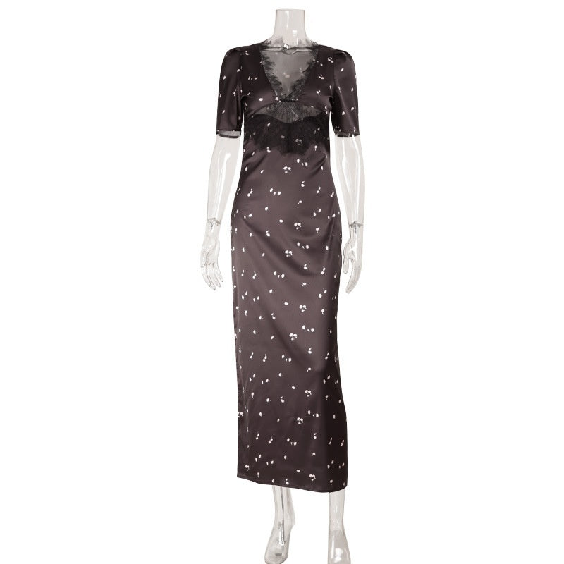 Women's Lace Patchwork V-Neck Puff Sleeve Hollowed-Out Waist Dress