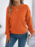 Women Casual Solid Color V-Neck Hollow Out Lantern Sleeve Pullover Sweater