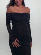 Black Off-Shoulder Maxi Dress With Glitter Detail And Mesh Sleeves