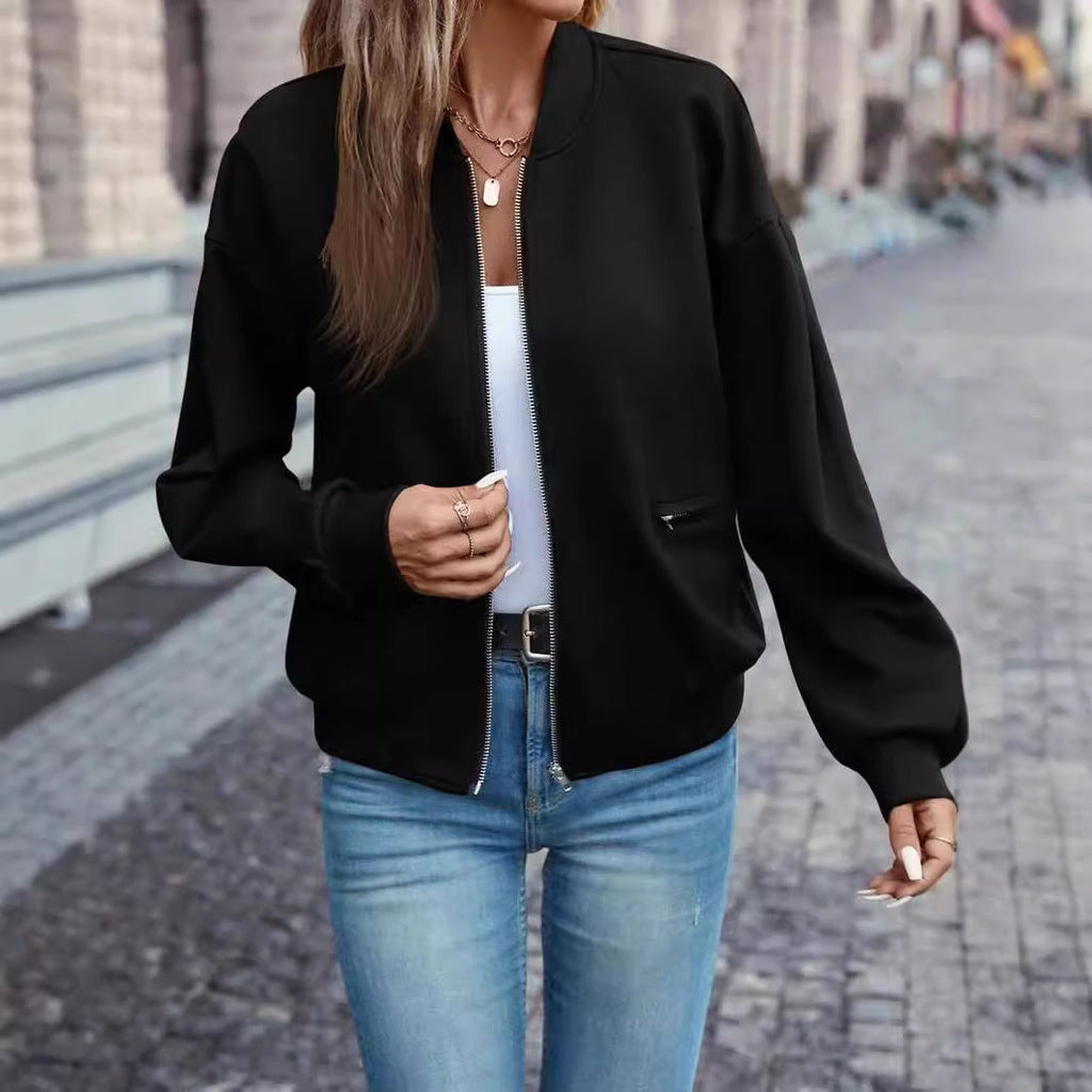 Solid Color Faux Pocket Zip Jacket Casual Long Sleeve For Autumn And Winter