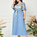 Printed V-neck Spliced Slim-fit Ladies Dress