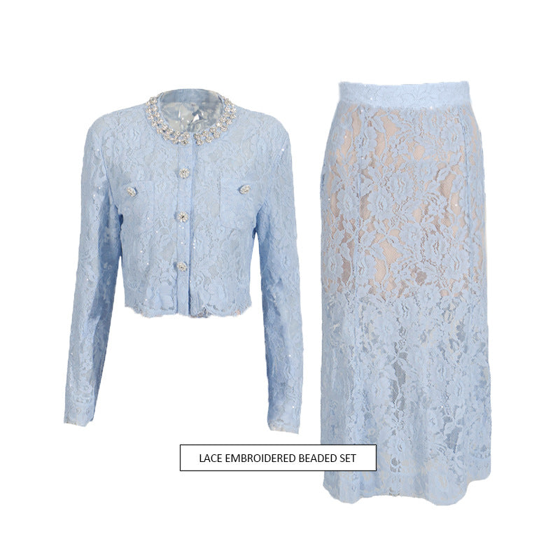 Round Neck Diamond Lace Embroidered Top High Waist Skirt Suit