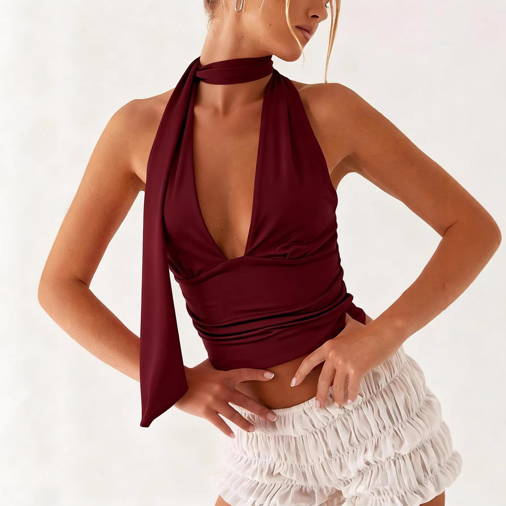 Deep V-neck Ruched Slim-fit Backless Short Womens Top
