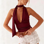 Deep V-neck Ruched Slim-fit Backless Short Womens Top