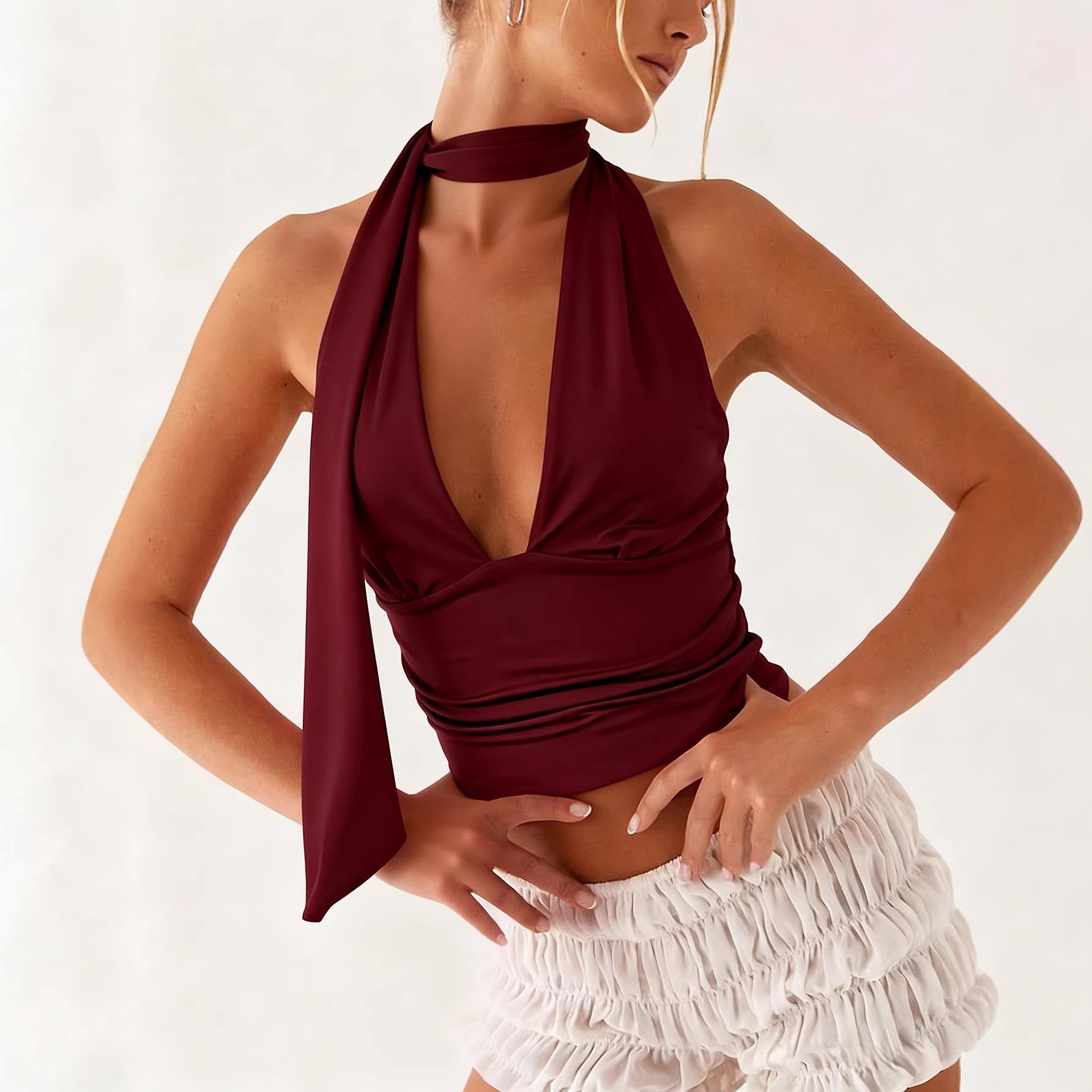 Deep V-neck Ruched Slim-fit Backless Short Womens Top