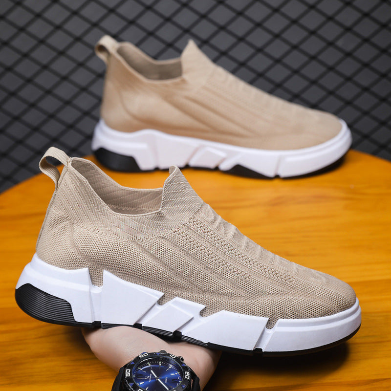 Spring Men's Casual Sports Shoes With Flyknit Mesh Upper And Sock Cuffs - Slip-on