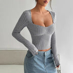 Women's Sunken Stripe Brushed T-shirt Short Midriff-baring Top