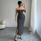Women's Casual Striped Strapless Tube Top And Sheath Skirt Set