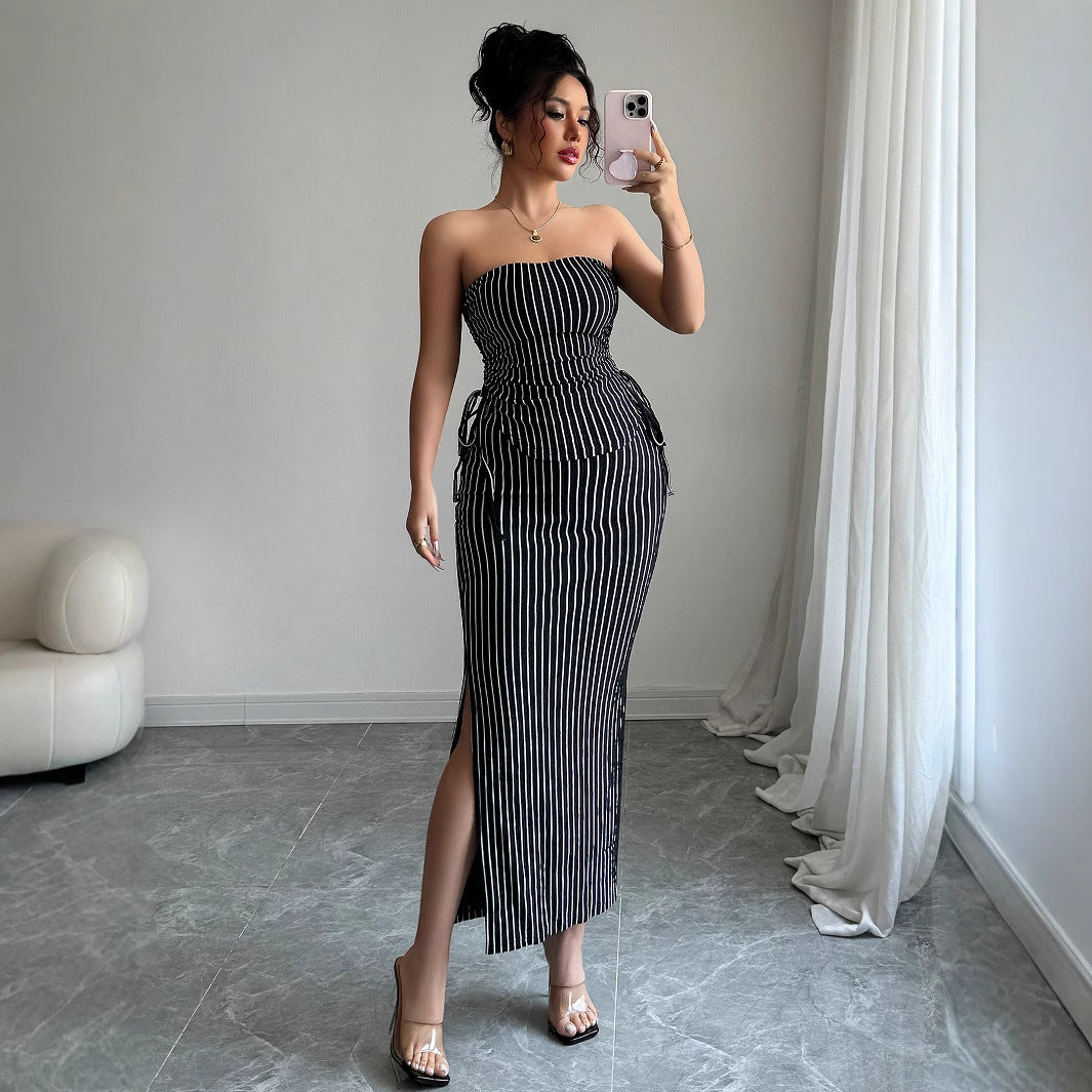 Women's Casual Striped Strapless Tube Top And Sheath Skirt Set