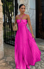 Ins Pleated Sleeveless Sling Dress Hollow High Waist Halter Robe Dresses For Evening Party Club Clothing Women