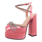 Women's Square Toe Heel Double Platform Thick High Heel Bow Large Size Hollow Sandals