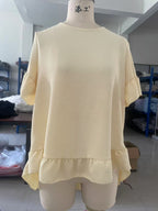 Arrival Solid-color Cotton-linen Loose-fit Round-neck Blouse With Ruffled Hem