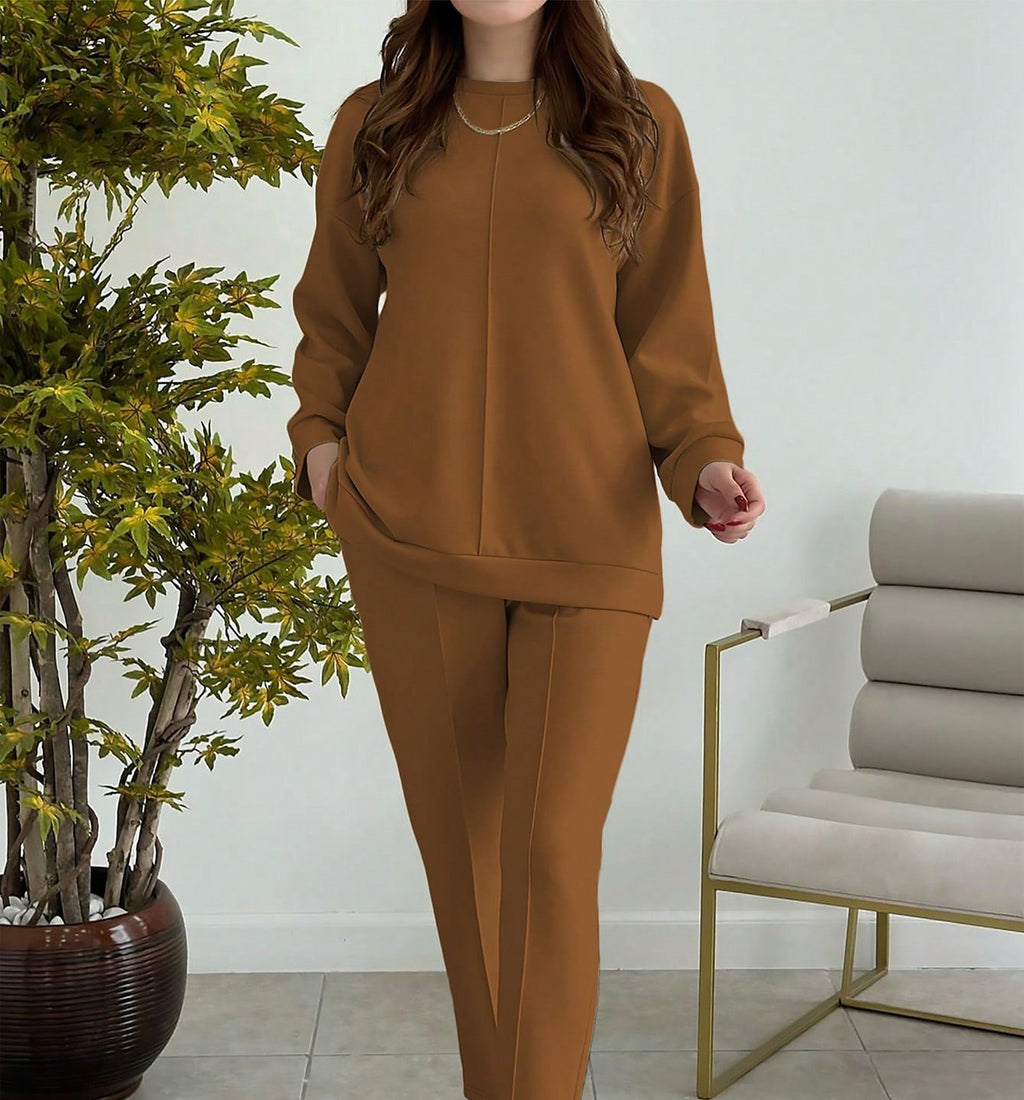 Women's Fashion Casual Solid-Color Crew-Neck Top And Pants Two-Piece Set