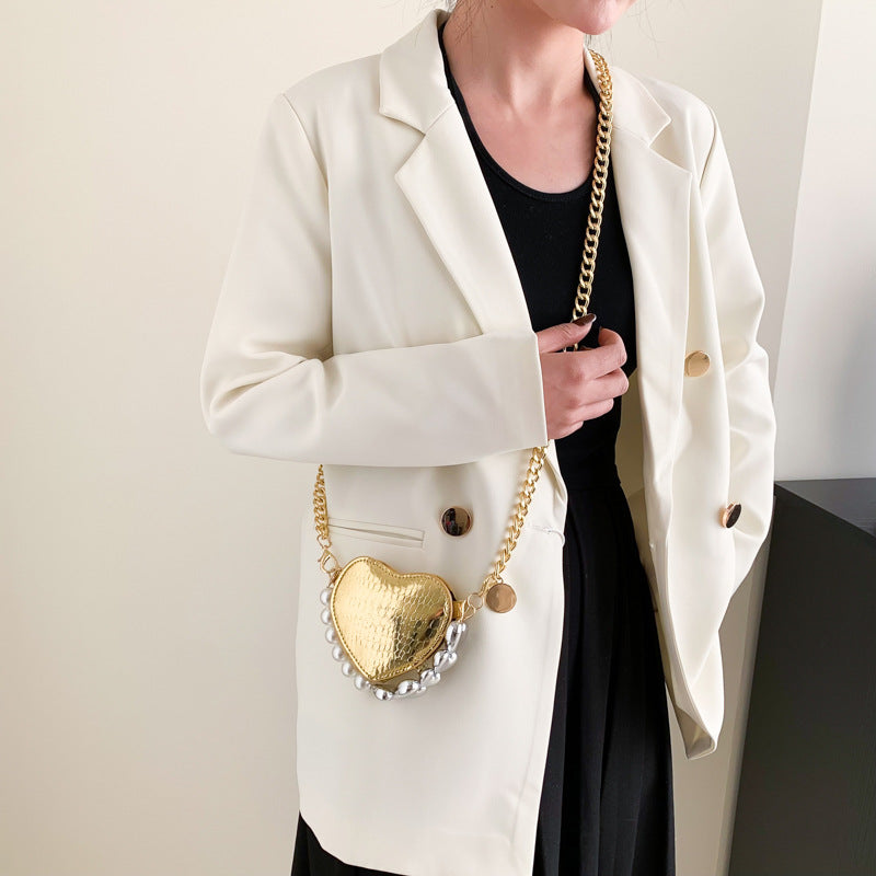 Mini Love-shape Pearls Handbag Fashion Cute Chain Lipstick Bag Women's Bright Candy Color Shoulder Messenger Bag