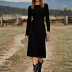 Women's Retro Western Crew-Neck Long-Sleeve Fringed Suede Velvet Dress